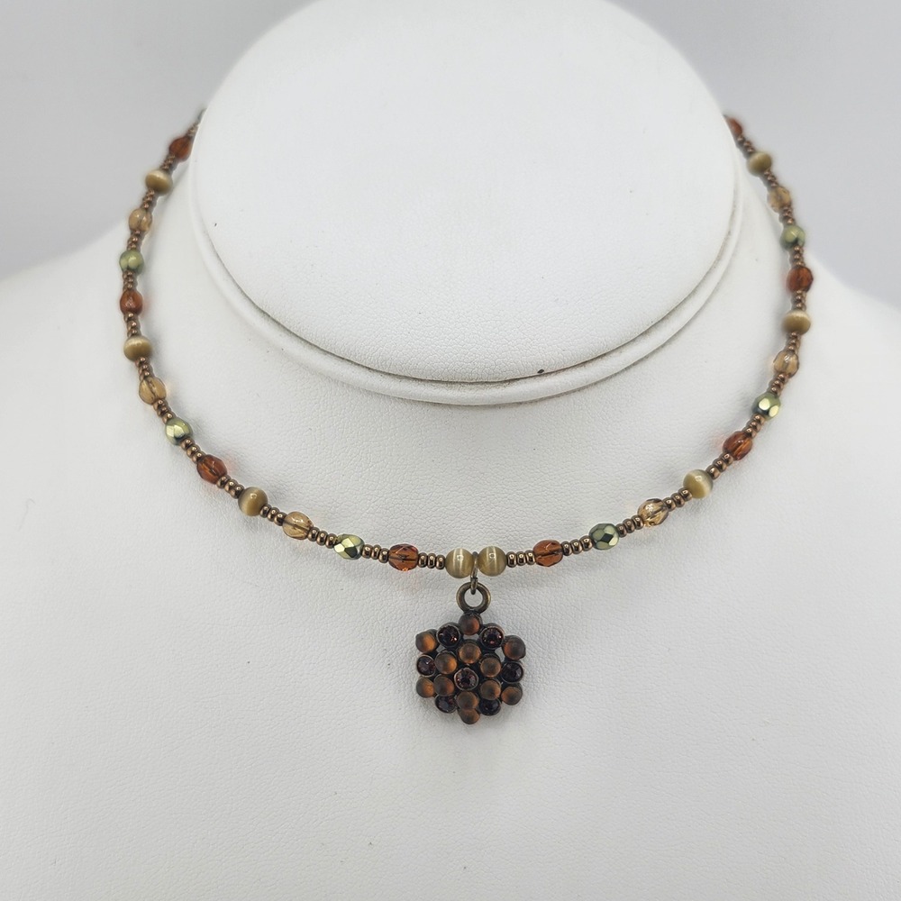 Beaded Necklace‎ Flower Charm Brown Tan Olive Green Boho Chic Jewelry